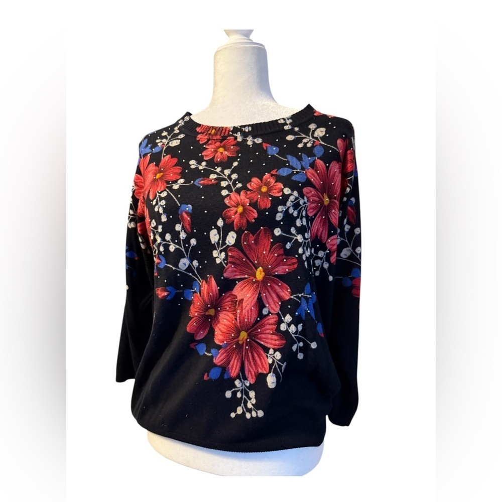 Rebecca Malone Black Top with Red Floral Design